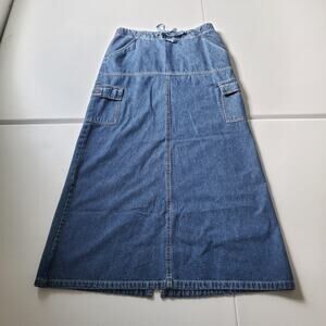 Y2K Quizz Denim Skirt Juniors 7/8 Blue Cargo Maxi A-Line Drawstring Pockets Y2K